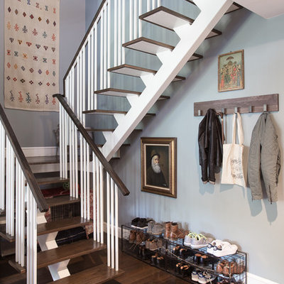 Staircase - transitional wooden u-shaped open and wood railing staircase idea in Other