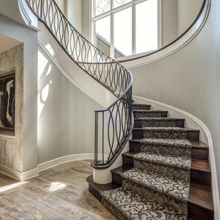 Exemple d'un très grand escalier courbe chic avec des marches en moquette, des contremarches en moquette et un garde-corps en métal.