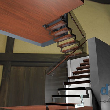 Innisfil residence glass and wood open staircase system 3D drawing
