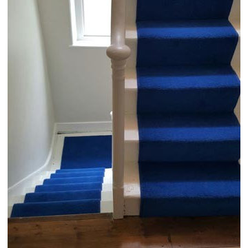 Installing Blue Carpet to Stairs