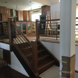 Staircase - mid-sized rustic wooden straight wood railing staircase idea in Denver with wooden risers