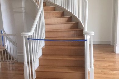 Inspiration pour un escalier courbe minimaliste de taille moyenne avec des marches en bois, des contremarches en bois et un garde-corps en bois.