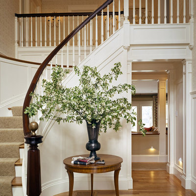 Inspiration for a timeless wooden curved wood railing staircase remodel in Boston with painted risers