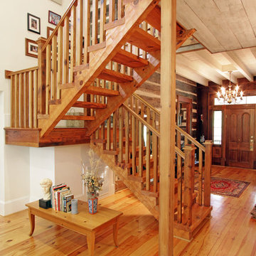 Log cabin, open staircase, reclaimed wood