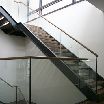 London Stair w/ Wood Treads & Glass Railing w/ Wood Cap Rail