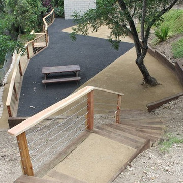 Long outdoor Stairs & Large Deck w/Wood Railings