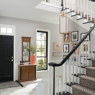 Example of a transitional wooden l-shaped wood railing staircase design in Houston with painted risers