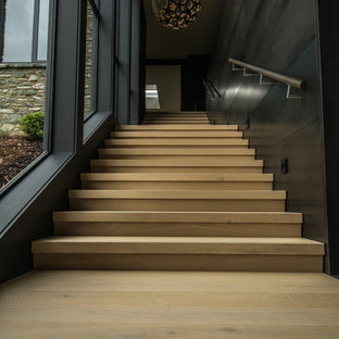 Immagine di una grande scala a rampa dritta moderna con parapetto in legno