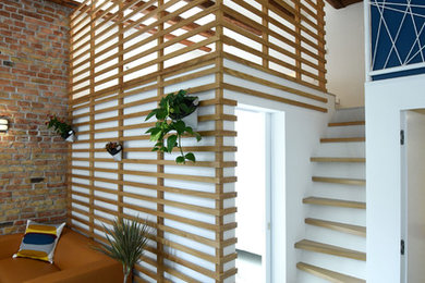Diseño de escalera recta actual sin contrahuella con escalones de madera