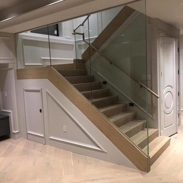 Modern Glass Panel Staircase - White Wainscoting