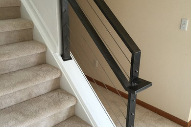 Ejemplo de escalera recta minimalista de tamaño medio con escalones enmoquetados, contrahuellas enmoquetadas y barandilla de metal