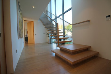 This is an example of a medium sized contemporary wood straight metal railing staircase in Dublin with open risers.