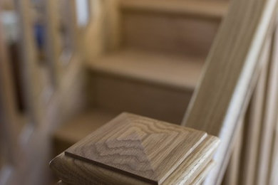 New solid oak staircase in North Dorset, England. Including bespoke bookcase.