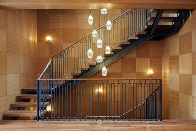 Staircase - transitional wooden u-shaped open and metal railing staircase idea in San Francisco