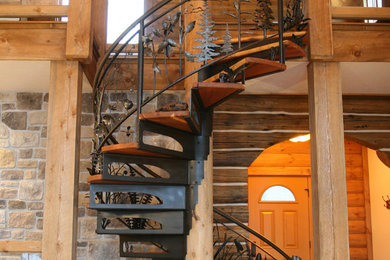 Staircase - mid-sized rustic wooden spiral staircase idea in Other with wooden risers