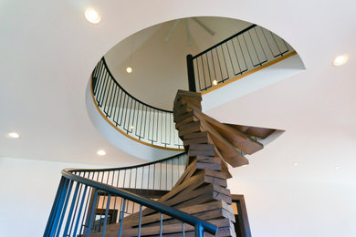 Inspiration for a large modern wooden spiral metal railing staircase remodel in Other with wooden risers