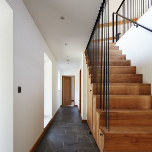 Medium sized contemporary wood straight metal railing staircase in Other with wood risers.