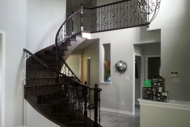 One Tone Stair Case Refinishing w/ Wrought Iron Pickets + Wood Floor Refinishing
