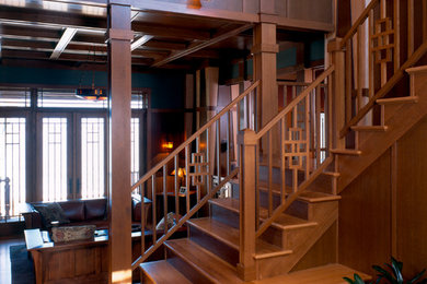 Staircase - large craftsman wooden l-shaped wood railing staircase idea in Minneapolis with wooden risers