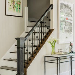Elegant wooden l-shaped mixed material railing staircase photo in Boston with painted risers