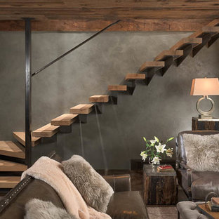 Diseño de escalera suspendida, moderna, de tamaño medio, sin contrahuella, con escalones de madera