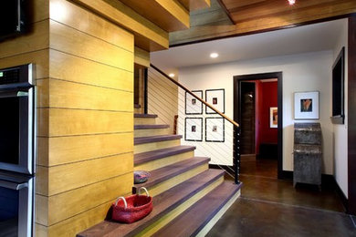 Inspiration for a large contemporary wooden straight cable railing staircase remodel in Grand Rapids with painted risers