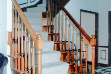 Cette photo montre un escalier courbe chic de taille moyenne avec des marches en moquette et des contremarches en bois.