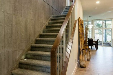 Staircase - mid-sized modern carpeted straight staircase idea in Calgary with wooden risers