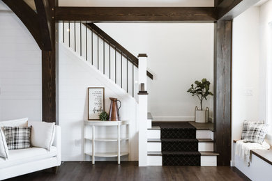 Staircase - farmhouse wooden l-shaped mixed material railing staircase idea in Other with painted risers