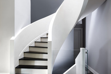 Cette image montre un escalier courbe design avec des marches en bois, des contremarches en bois et palier.