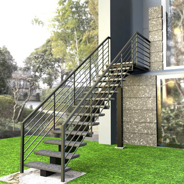 Riverview private house exterior central stringer steel and stone 3D drawing