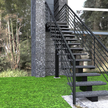 Riverview private house exterior central stringer steel and stone 3D drawing