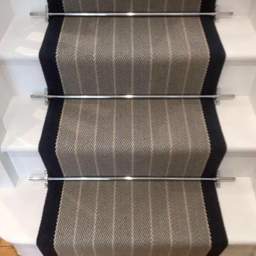 Roger Oates Stair Runner in Dart Midnight with Premier Satin Nickel Stair Rods