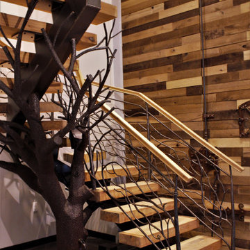 Rustic Metal Railing, Floating Staircase with Tree