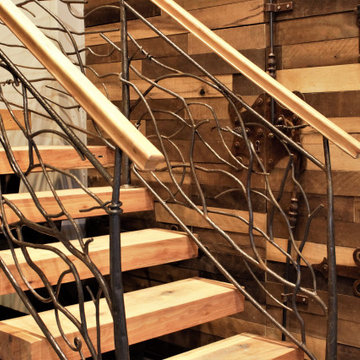 Rustic Metal Railing, Floating Staircase with Tree
