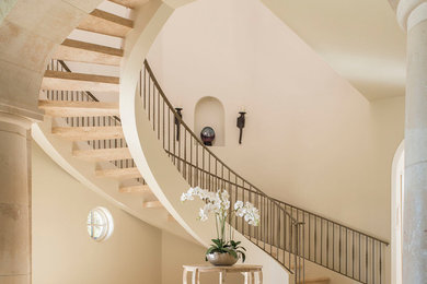 Staircase - mediterranean curved staircase idea in Dallas with metal risers