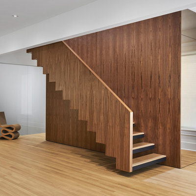 Staircase - modern wooden floating wood railing and open staircase idea in Chicago