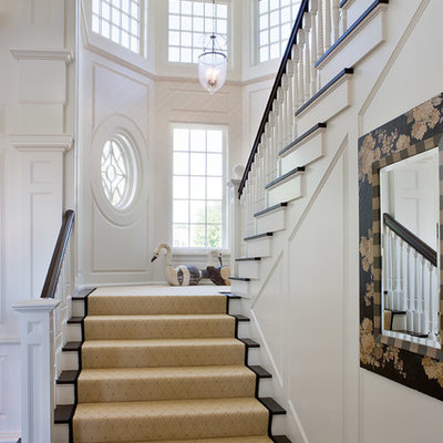Staircase - coastal wooden u-shaped staircase idea in Boston with painted risers