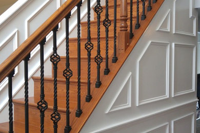 Staircase - mid-sized traditional wooden straight mixed material railing staircase idea in Philadelphia with wooden risers