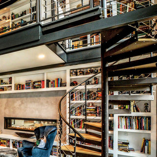 Diseño de escalera de caracol, industrial, sin contrahuella, con escalones de madera y barandilla de metal