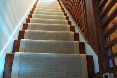 トロントにあるトロピカルスタイルのおしゃれな直階段 (カーペット張りの蹴込み板) の写真