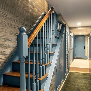 Example of a mid-sized transitional wooden straight mixed material railing staircase design in Austin with wooden risers