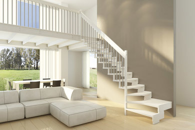 Diseño de escalera suspendida contemporánea de tamaño medio sin contrahuella con escalones de madera pintada y barandilla de metal