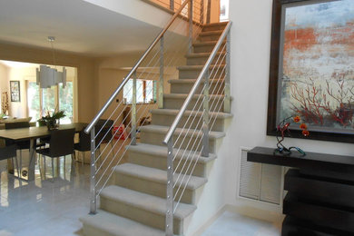 Imagen de escalera recta contemporánea de tamaño medio con escalones enmoquetados y contrahuellas enmoquetadas