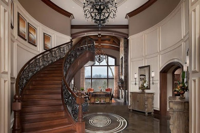 Design ideas for a victorian wood curved wood railing staircase in Detroit with wood risers.