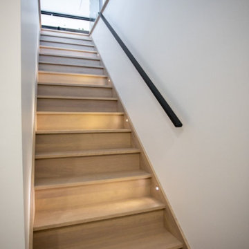 Staircase with metal stringers, glass and spigots/ Escalier avec limons de fer