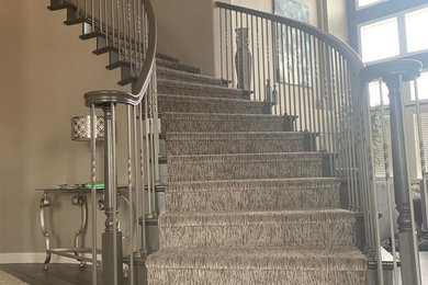 Large transitional carpeted curved mixed material railing staircase photo in Denver with carpeted risers