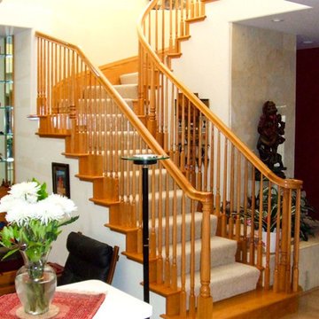 Stairs up to 2nd floor & glass shelves