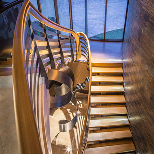 Ispirazione per un'ampia scala curva moderna con pedata in legno e alzata in metallo