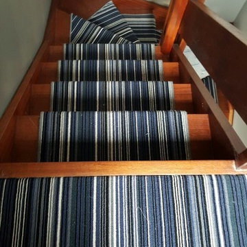 Stripey Blue Carpet Installed to Stairs